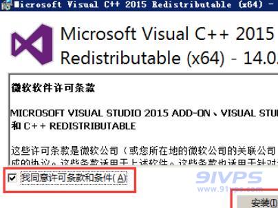 下载完成后打开安装包，勾选“我同意许可条款和条件”，然后点击安装