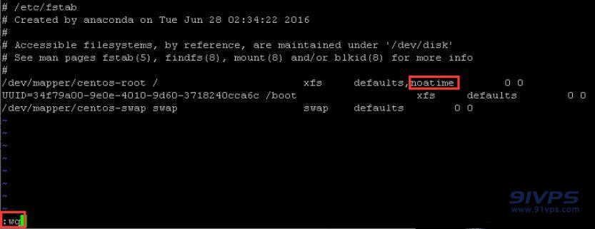 按“i”进入插入模式，在如图目录设置对应位置处增加noatime参数，然后按“ESC”键输入wq按回车键保存退出vi编辑。此时需要重启系统使设置生效