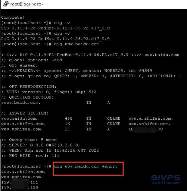 使用dig命令进行查询需要更具体并仅显示域名的IP