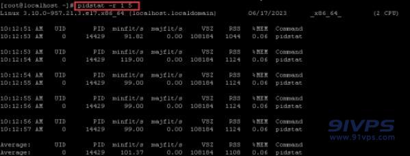 pidstat -r 1 5，输入该命令按回车键查看活跃进程的内存使用情况