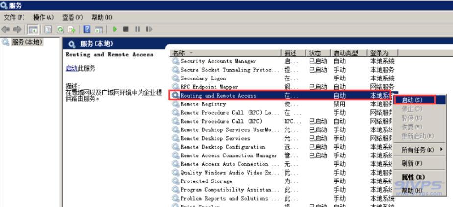 回到刚刚的服务窗口，将“Routing and Remote Access”服务“启动”，即可解决