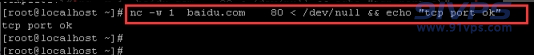 输入nc -w 1 IP地址/域名 端口 < /dev/null && echo "tcp port ok"来进行TCP 端口探测。