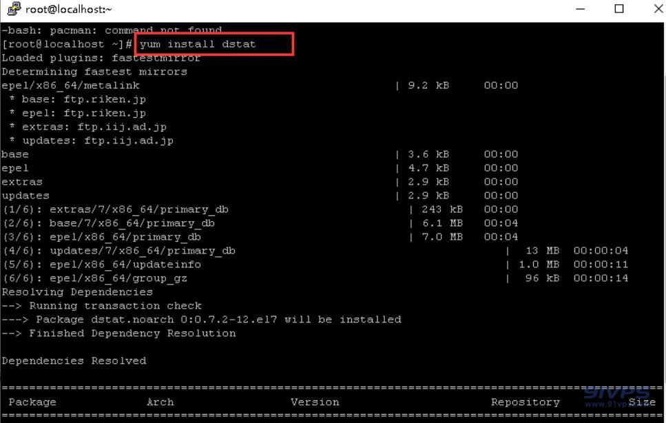 输入“yum install dstat” 安装dstat监控工具