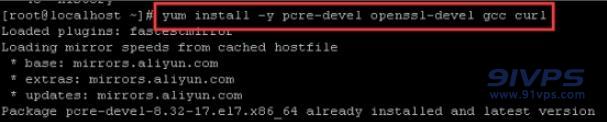 yum install -y pcre-devel openssl-devel gcc curl，输入该命令按回车键安装依赖库