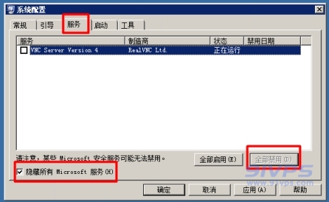切换到“服务”选项卡，勾选“隐藏所有Microsoft服务”复选框，单击“全部禁用”按钮